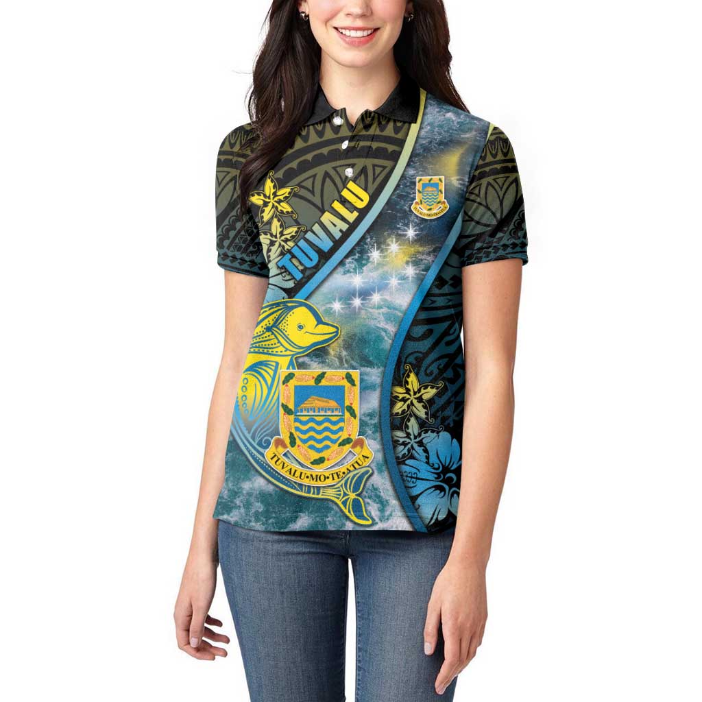 Personalised Tuvalu Women Polo Shirt Dolphin On The Waves