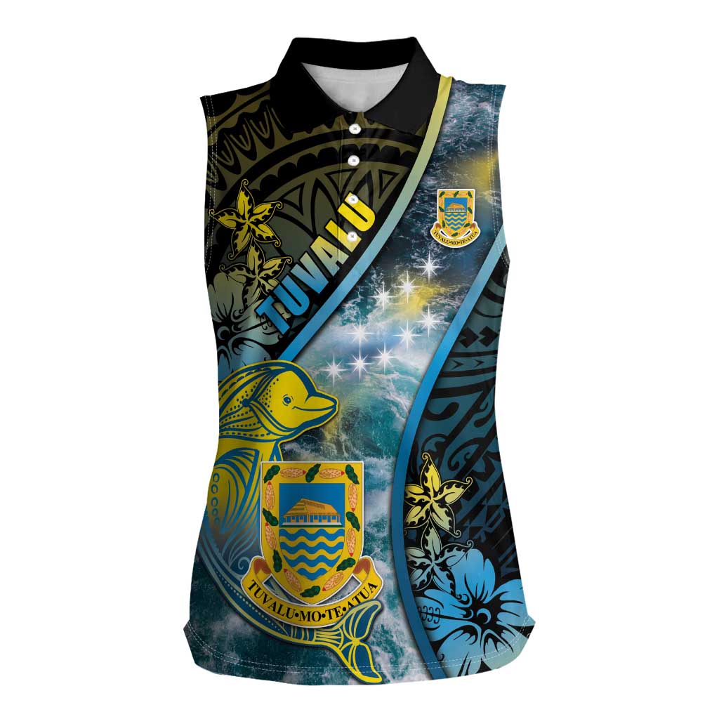 Personalised Tuvalu Women Sleeveless Polo Shirt Dolphin On The Waves