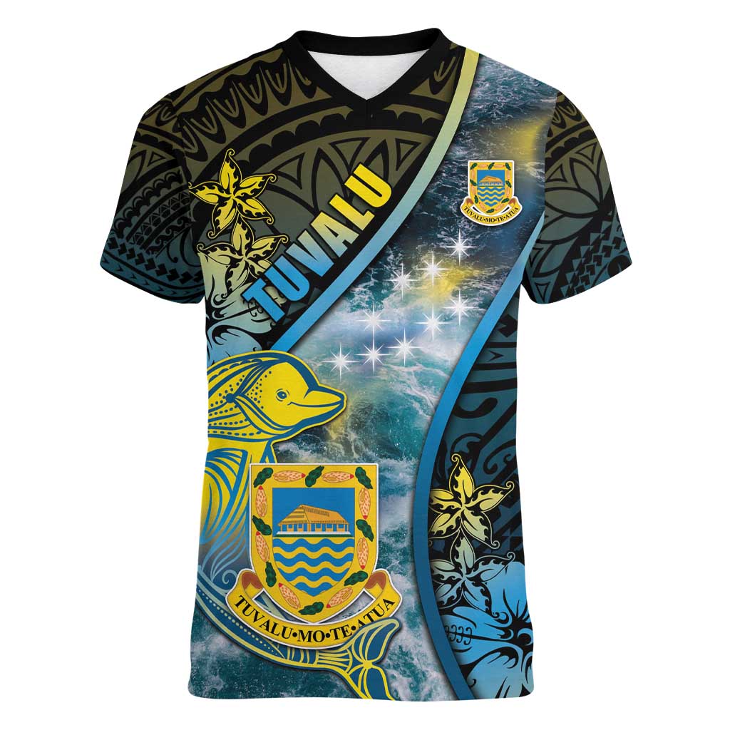 Personalised Tuvalu Women V-Neck T-Shirt Dolphin On The Waves