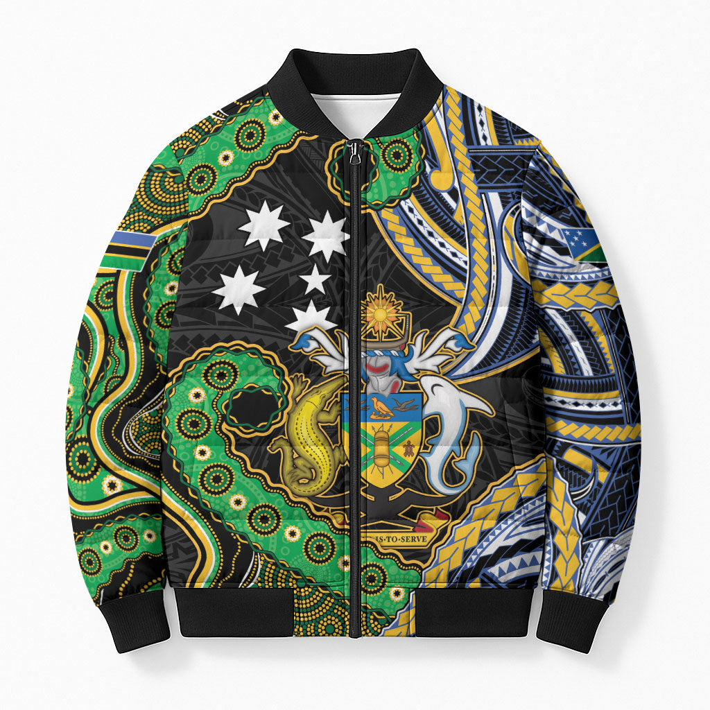 South Sea Islanders And Solomon Islands Bomber Puffer Jacket Solomons Coat Of Arms And Southern Cross DT05 Unisex Black - Polynesian Pride