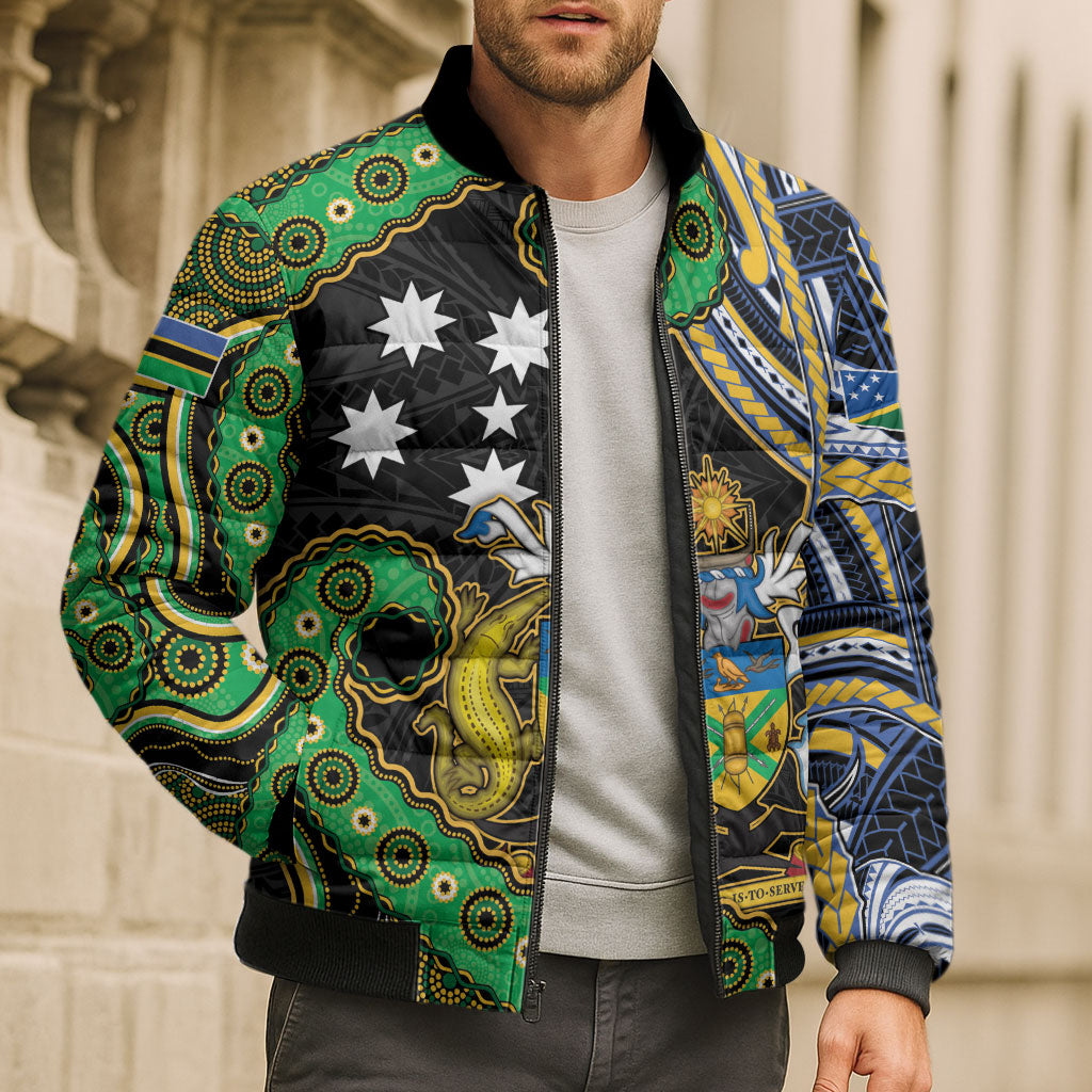 South Sea Islanders And Solomon Islands Bomber Puffer Jacket Solomons Coat Of Arms And Southern Cross DT05 - Polynesian Pride