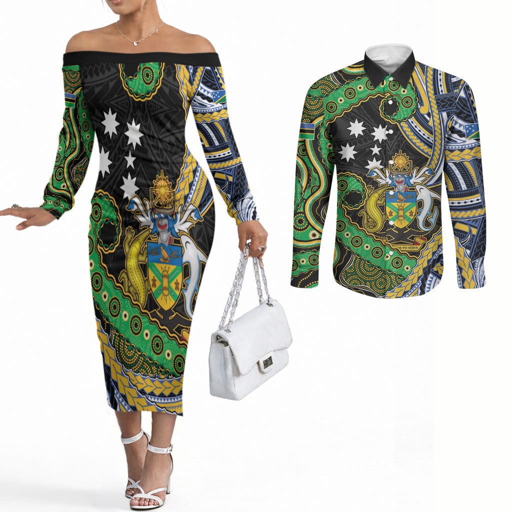 South Sea Islanders And Solomon Islands Couples Matching Off The Shoulder Long Sleeve Dress and Long Sleeve Button Shirt Solomons Coat Of Arms And Southern Cross DT05 Black - Polynesian Pride