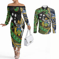 South Sea Islanders And Solomon Islands Couples Matching Off The Shoulder Long Sleeve Dress and Long Sleeve Button Shirt Solomons Coat Of Arms And Southern Cross DT05 Black - Polynesian Pride