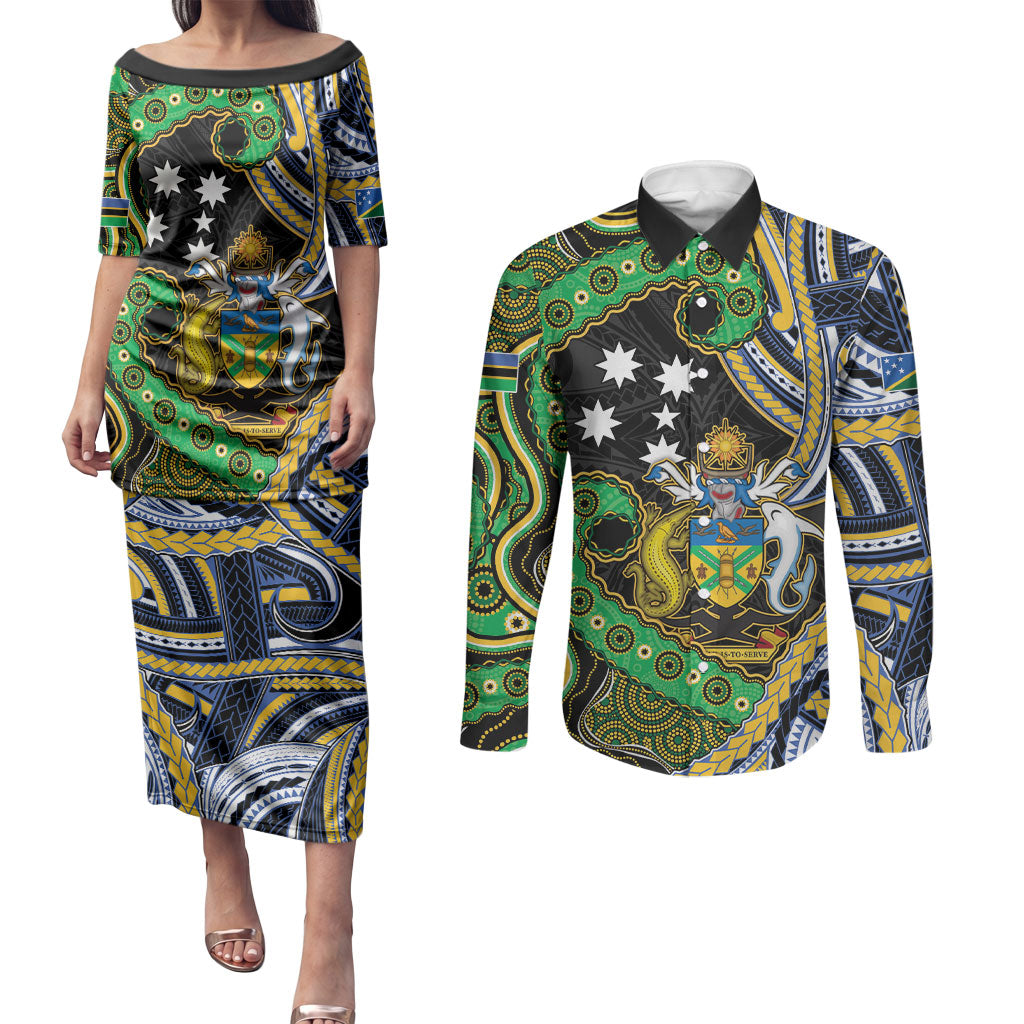 South Sea Islanders And Solomon Islands Couples Matching Puletasi and Long Sleeve Button Shirt Solomons Coat Of Arms And Southern Cross DT05 Black - Polynesian Pride