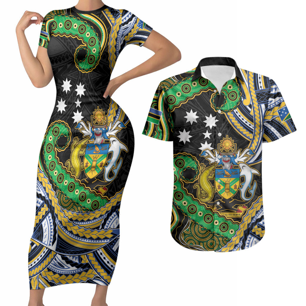 South Sea Islanders And Solomon Islands Couples Matching Short Sleeve Bodycon Dress and Hawaiian Shirt Solomons Coat Of Arms And Southern Cross DT05 Black - Polynesian Pride