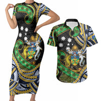 South Sea Islanders And Solomon Islands Couples Matching Short Sleeve Bodycon Dress and Hawaiian Shirt Solomons Coat Of Arms And Southern Cross DT05 Black - Polynesian Pride