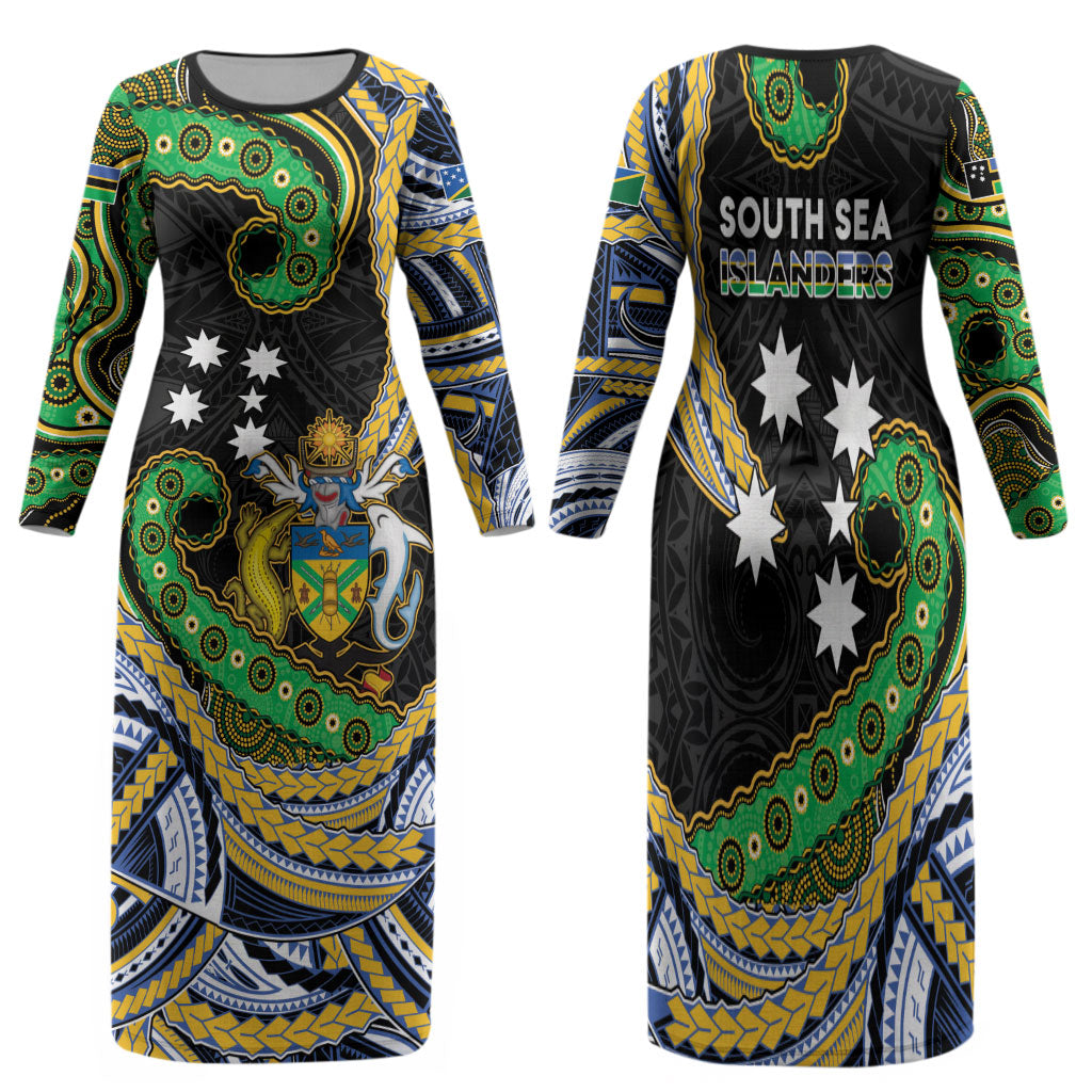 South Sea Islanders And Solomon Islands Family Matching Long Sleeve Bodycon Dress and Hawaiian Shirt Solomons Coat Of Arms And Southern Cross DT05 Mom's Dress Black - Polynesian Pride