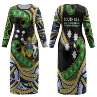 South Sea Islanders And Solomon Islands Family Matching Long Sleeve Bodycon Dress and Hawaiian Shirt Solomons Coat Of Arms And Southern Cross DT05 Mom's Dress Black - Polynesian Pride