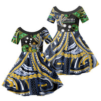 South Sea Islanders And Solomon Islands Family Matching Off Shoulder Maxi Dress and Hawaiian Shirt Solomons Coat Of Arms And Southern Cross DT05 Daughter's Dress Black - Polynesian Pride