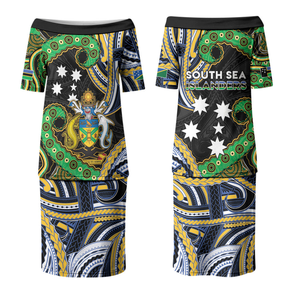 South Sea Islanders And Solomon Islands Family Matching Puletasi and Hawaiian Shirt Solomons Coat Of Arms And Southern Cross DT05 Mom's Dress Black - Polynesian Pride