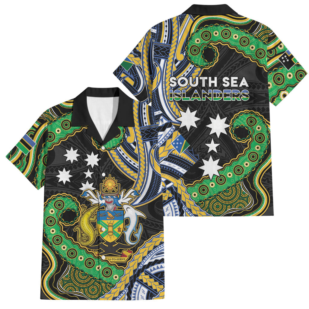 South Sea Islanders And Solomon Islands Family Matching Puletasi and Hawaiian Shirt Solomons Coat Of Arms And Southern Cross DT05 Dad's Shirt - Short Sleeve Black - Polynesian Pride