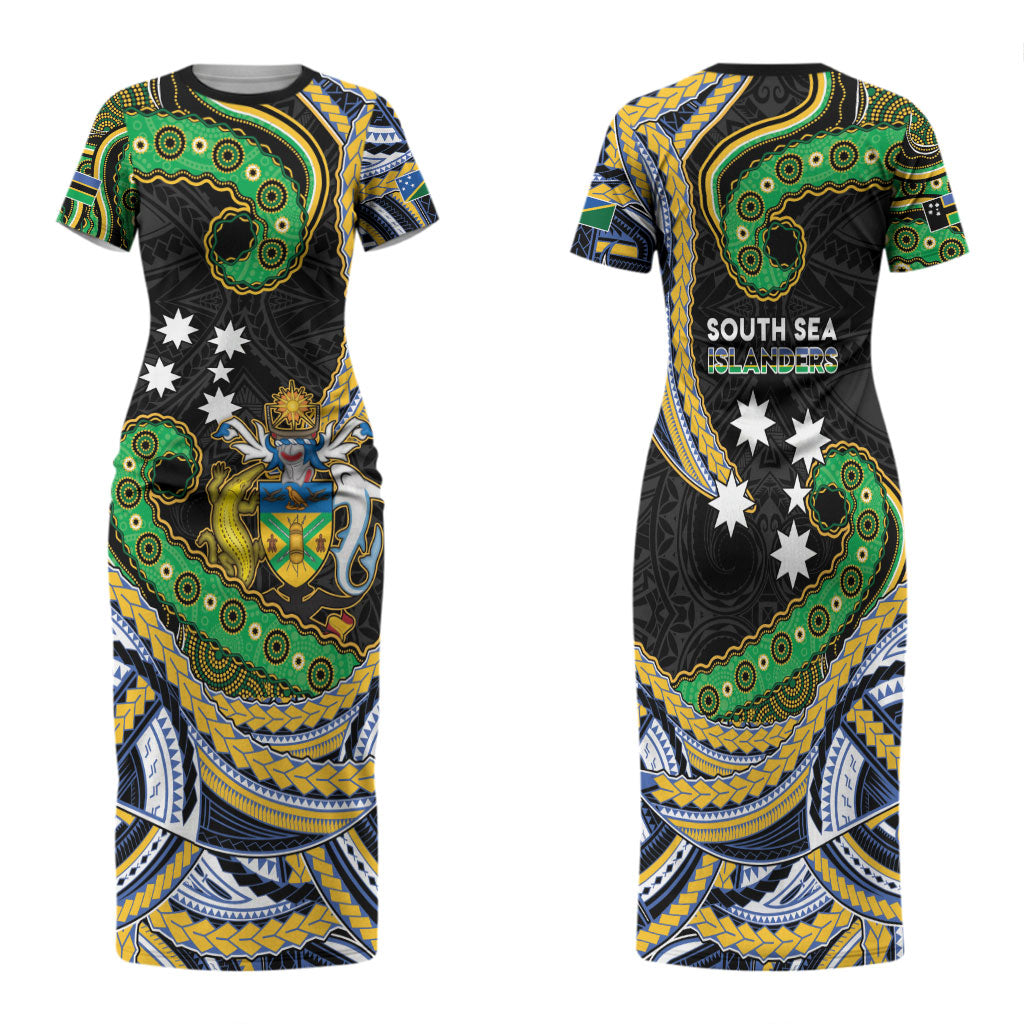South Sea Islanders And Solomon Islands Family Matching Short Sleeve Bodycon Dress and Hawaiian Shirt Solomons Coat Of Arms And Southern Cross DT05 Mom's Dress Black - Polynesian Pride