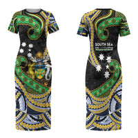 South Sea Islanders And Solomon Islands Family Matching Short Sleeve Bodycon Dress and Hawaiian Shirt Solomons Coat Of Arms And Southern Cross DT05 Mom's Dress Black - Polynesian Pride