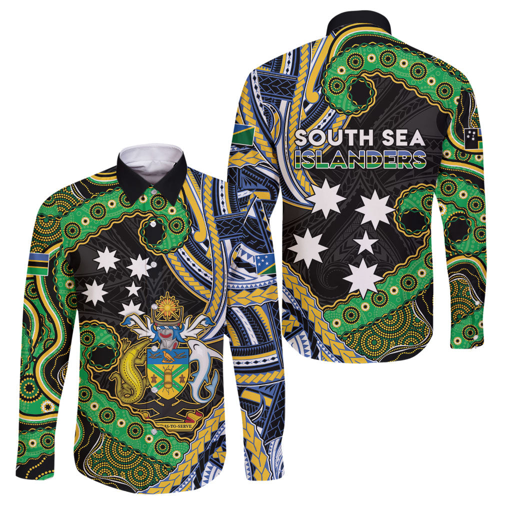South Sea Islanders And Solomon Islands Family Matching Summer Maxi Dress and Hawaiian Shirt Solomons Coat Of Arms And Southern Cross DT05 Dad's Shirt - Long Sleeve Black - Polynesian Pride