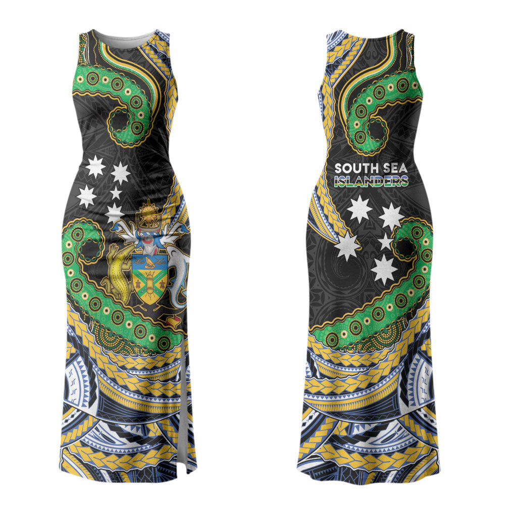 South Sea Islanders And Solomon Islands Family Matching Tank Maxi Dress and Hawaiian Shirt Solomons Coat Of Arms And Southern Cross DT05 Mom's Dress Black - Polynesian Pride