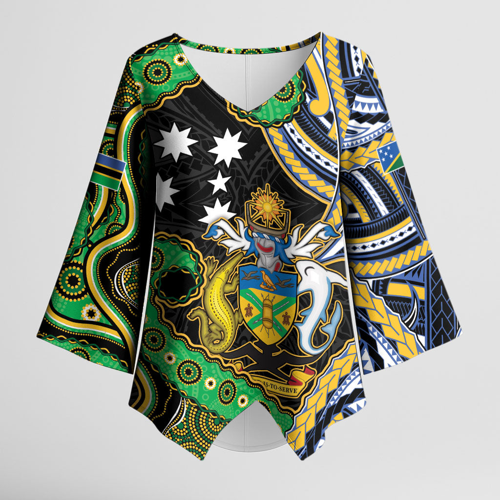 South Sea Islanders And Solomon Islands Kimono Sleeve Blouse Solomons Coat Of Arms And Southern Cross DT05 Female Black - Polynesian Pride