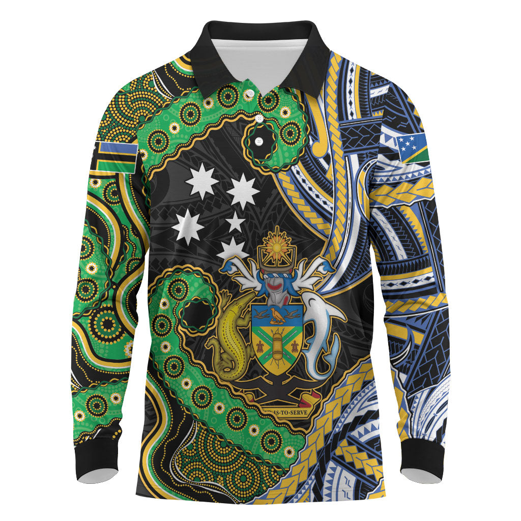 South Sea Islanders And Solomon Islands Long Sleeve Polo Shirt Solomons Coat Of Arms And Southern Cross DT05 Black - Polynesian Pride