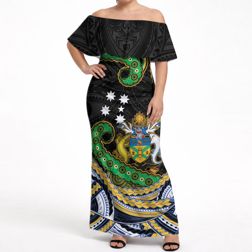 South Sea Islanders And Solomon Islands Off Shoulder Maxi Dress Solomons Coat Of Arms And Southern Cross DT05 Women Black - Polynesian Pride
