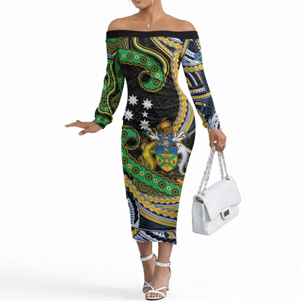 South Sea Islanders And Solomon Islands Off The Shoulder Long Sleeve Dress Solomons Coat Of Arms And Southern Cross DT05 Women Black - Polynesian Pride
