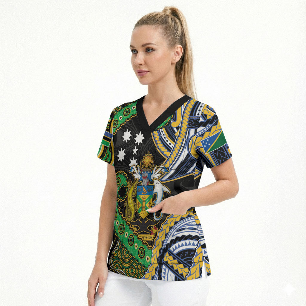 South Sea Islanders And Solomon Islands Scrub Top Solomons Coat Of Arms And Southern Cross DT05 - Polynesian Pride