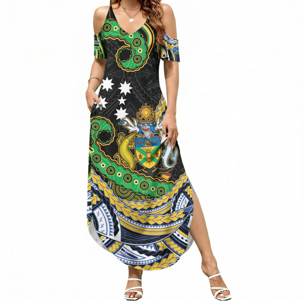 South Sea Islanders And Solomon Islands Summer Maxi Dress Solomons Coat Of Arms And Southern Cross DT05 Women Black - Polynesian Pride