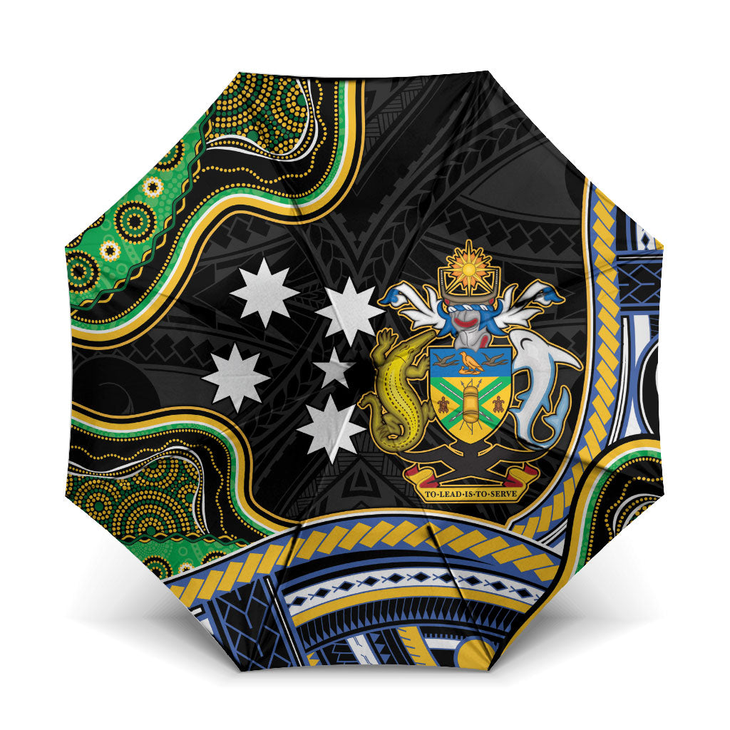 South Sea Islanders And Solomon Islands Umbrella Solomons Coat Of Arms And Southern Cross DT05 One Size Folded 11.42 inch Opened Diameter 37.4 inch Black - Polynesian Pride