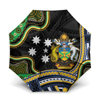 South Sea Islanders And Solomon Islands Umbrella Solomons Coat Of Arms And Southern Cross DT05 One Size Folded 11.42 inch Opened Diameter 37.4 inch Black - Polynesian Pride