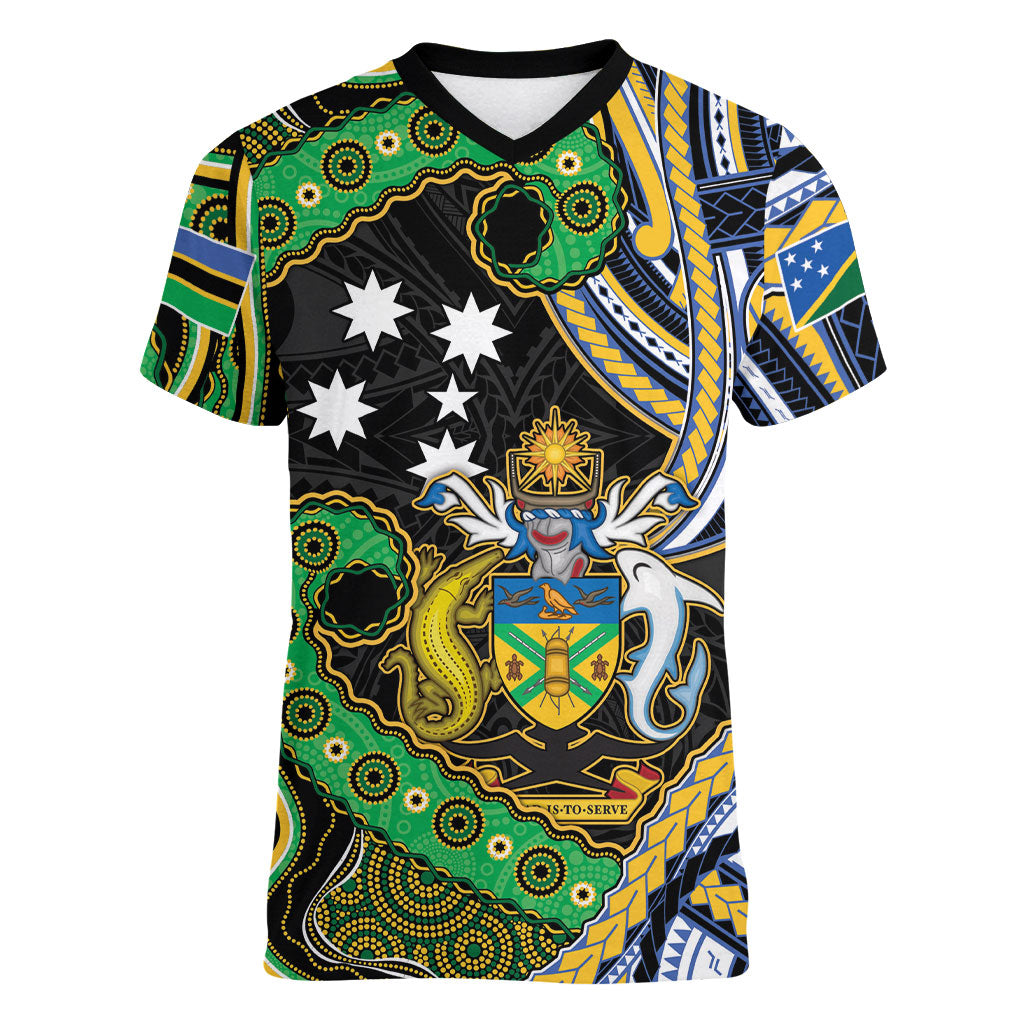 South Sea Islanders And Solomon Islands Women V-Neck T-Shirt Solomons Coat Of Arms And Southern Cross DT05 Female Black - Polynesian Pride