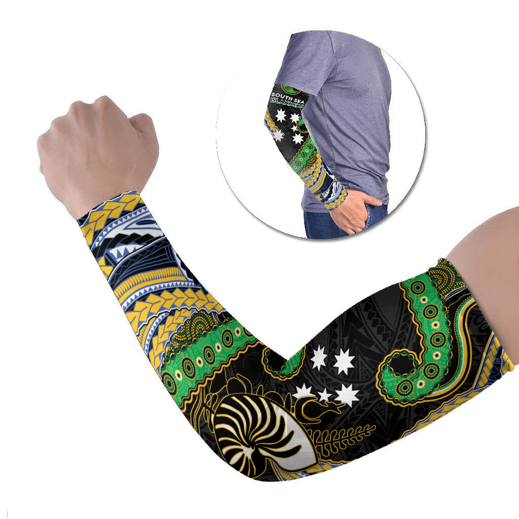 South Sea Islanders And New Caledonia Arm Sleeves Nautilus Shell Southern Cross Tribal Pattern DT05 Set of 2 Black - Polynesian Pride