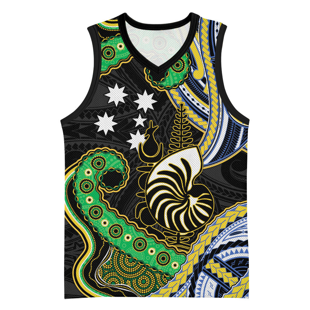 South Sea Islanders And New Caledonia Basketball Jersey Nautilus Shell Southern Cross Tribal Pattern DT05 Unisex Black - Polynesian Pride
