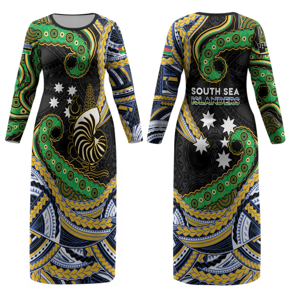 South Sea Islanders And New Caledonia Couples Matching Long Sleeve Bodycon Dress and Long Sleeve Button Shirt Nautilus Shell Southern Cross Tribal Pattern DT05 - Polynesian Pride