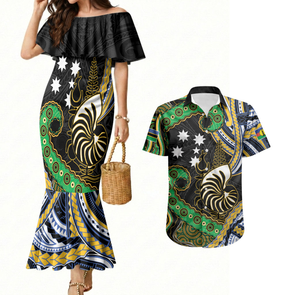 South Sea Islanders And New Caledonia Couples Matching Mermaid Dress and Hawaiian Shirt Nautilus Shell Southern Cross Tribal Pattern DT05 Black - Polynesian Pride