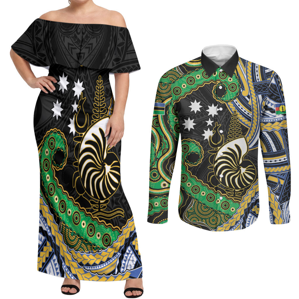 South Sea Islanders And New Caledonia Couples Matching Off Shoulder Maxi Dress and Long Sleeve Button Shirt Nautilus Shell Southern Cross Tribal Pattern DT05 Black - Polynesian Pride