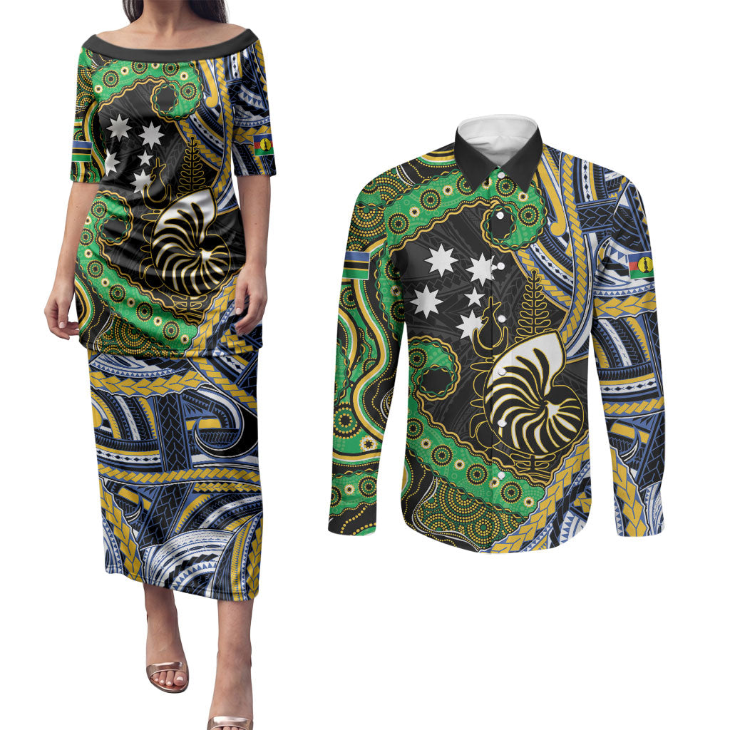 South Sea Islanders And New Caledonia Couples Matching Puletasi and Long Sleeve Button Shirt Nautilus Shell Southern Cross Tribal Pattern DT05 Black - Polynesian Pride