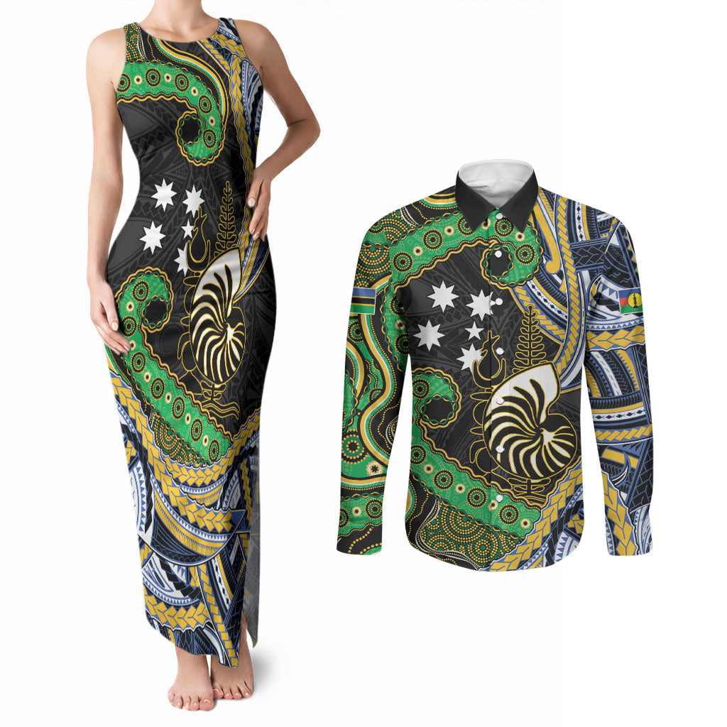South Sea Islanders And New Caledonia Couples Matching Tank Maxi Dress and Long Sleeve Button Shirt Nautilus Shell Southern Cross Tribal Pattern DT05 Black - Polynesian Pride