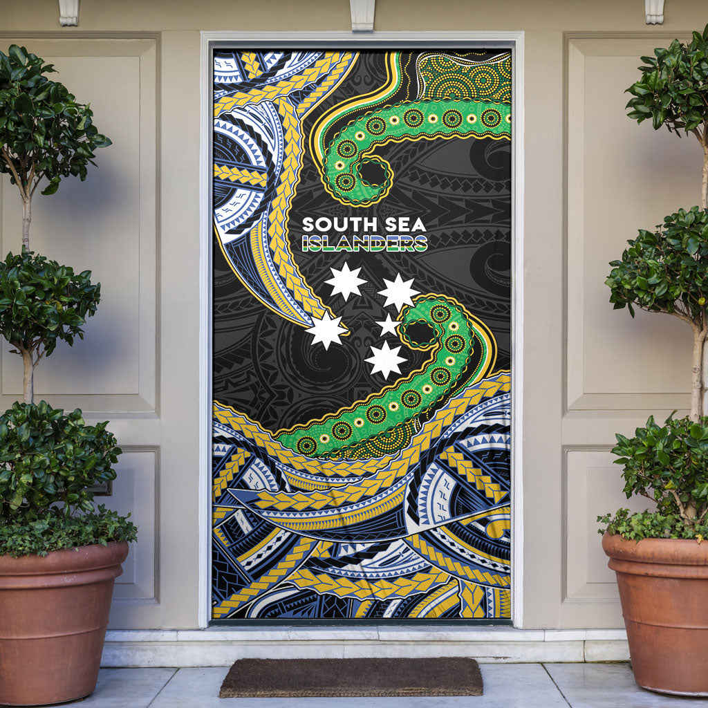 South Sea Islanders And New Caledonia Door Cover Nautilus Shell Southern Cross Tribal Pattern DT05 Black - Polynesian Pride