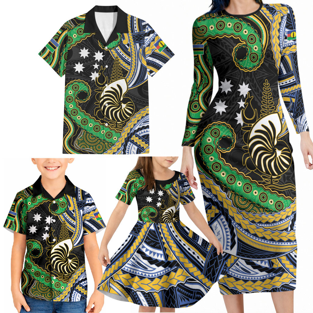 South Sea Islanders And New Caledonia Family Matching Long Sleeve Bodycon Dress and Hawaiian Shirt Nautilus Shell Southern Cross Tribal Pattern DT05 - Polynesian Pride