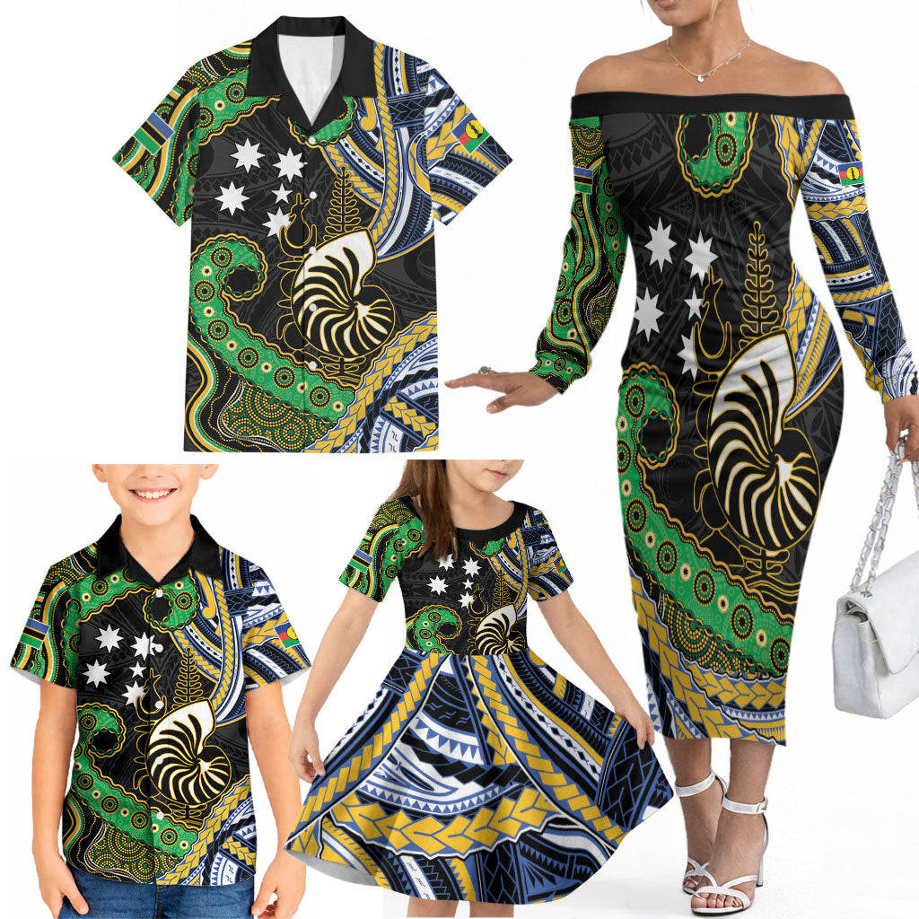 South Sea Islanders And New Caledonia Family Matching Off The Shoulder Long Sleeve Dress and Hawaiian Shirt Nautilus Shell Southern Cross Tribal Pattern DT05 - Polynesian Pride