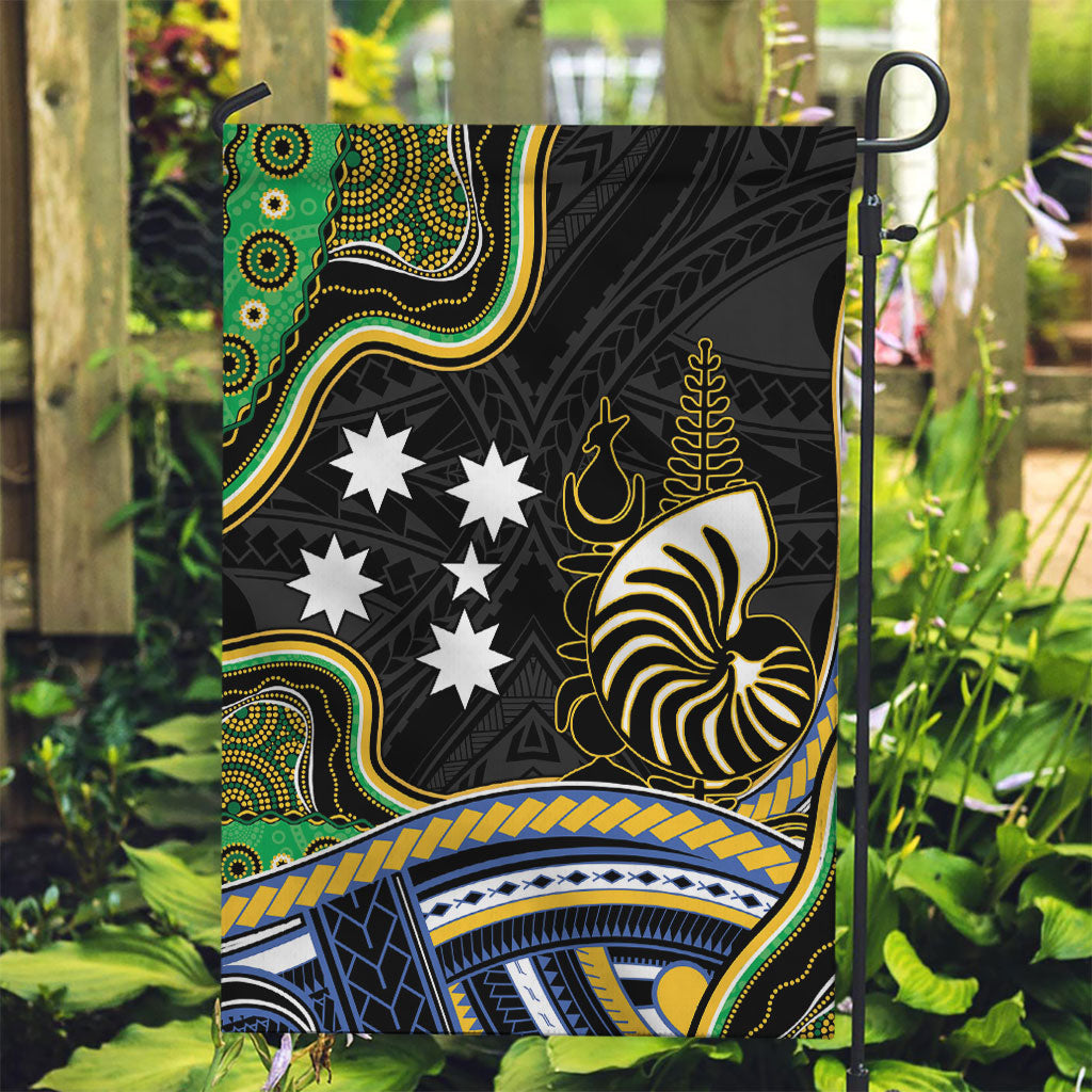 South Sea Islanders And New Caledonia Garden Flag Nautilus Shell Southern Cross Tribal Pattern DT05 Garden Flag Black - Polynesian Pride