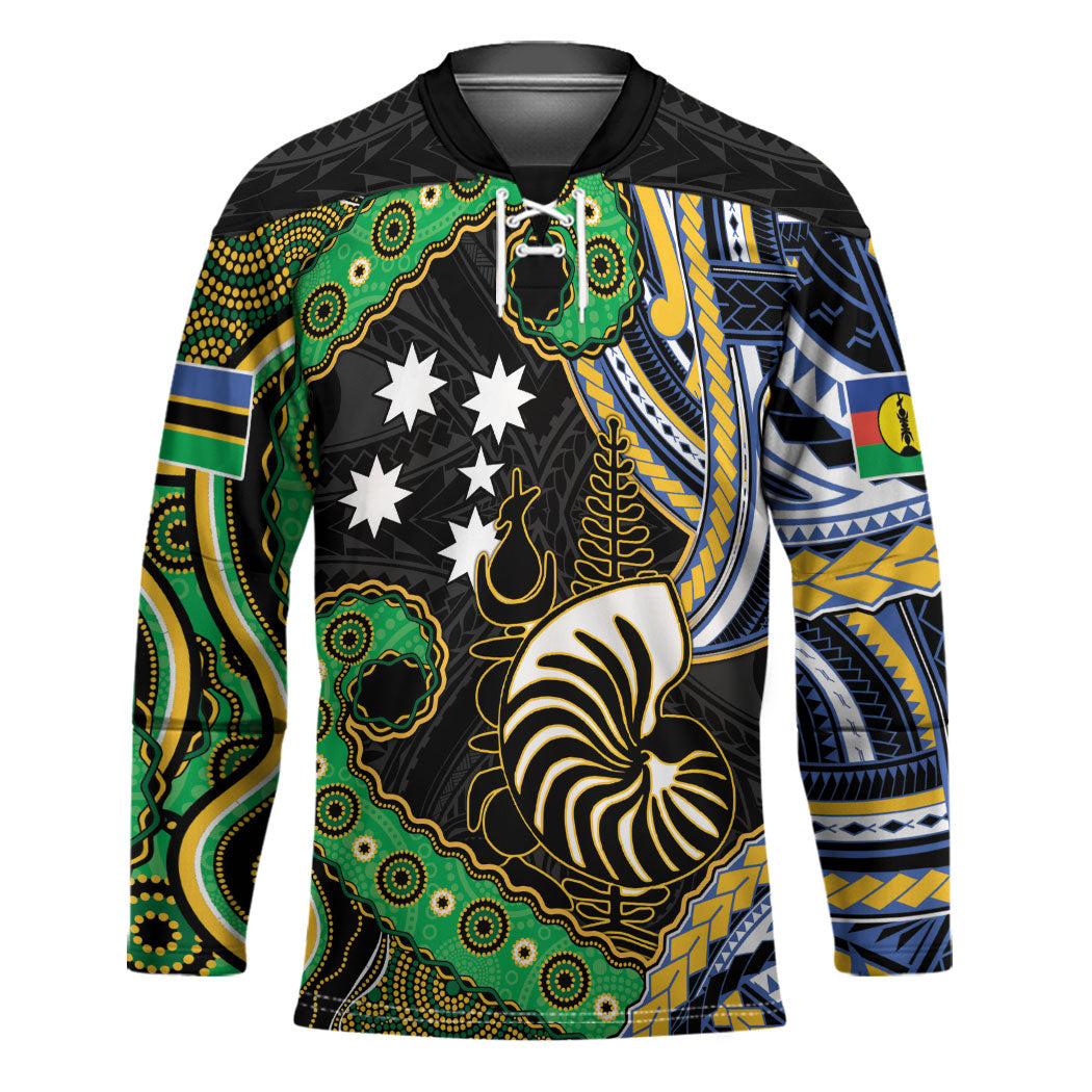 South Sea Islanders And New Caledonia Hockey Jersey Nautilus Shell Southern Cross Tribal Pattern DT05 Unisex Black - Polynesian Pride