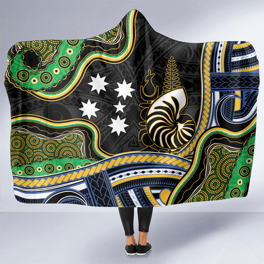 South Sea Islanders And New Caledonia Hooded Blanket Nautilus Shell Southern Cross Tribal Pattern DT05 One Size Black - Polynesian Pride
