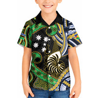 South Sea Islanders And New Caledonia Kid Hawaiian Shirt Nautilus Shell Southern Cross Tribal Pattern DT05 Kid Black - Polynesian Pride
