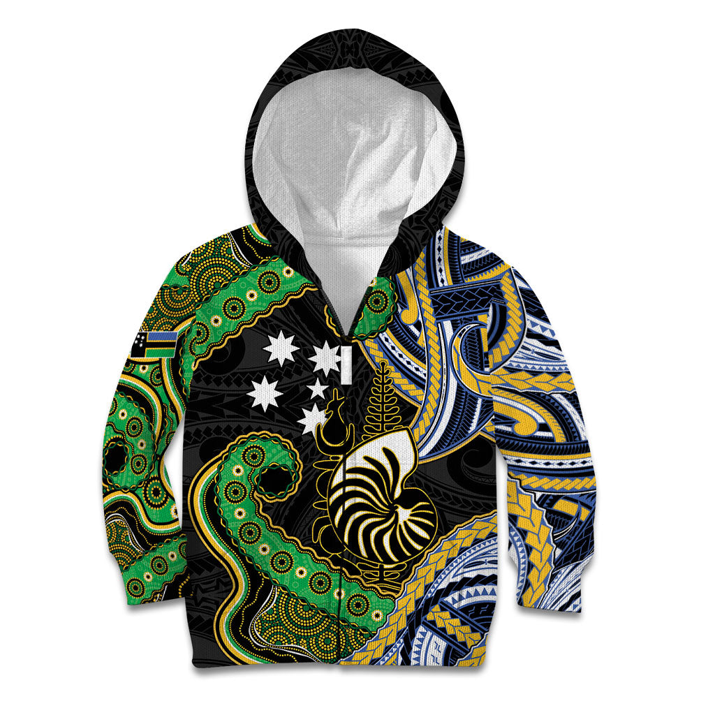 South Sea Islanders And New Caledonia Kid Hoodie Nautilus Shell Southern Cross Tribal Pattern DT05 Zip Hoodie Black - Polynesian Pride
