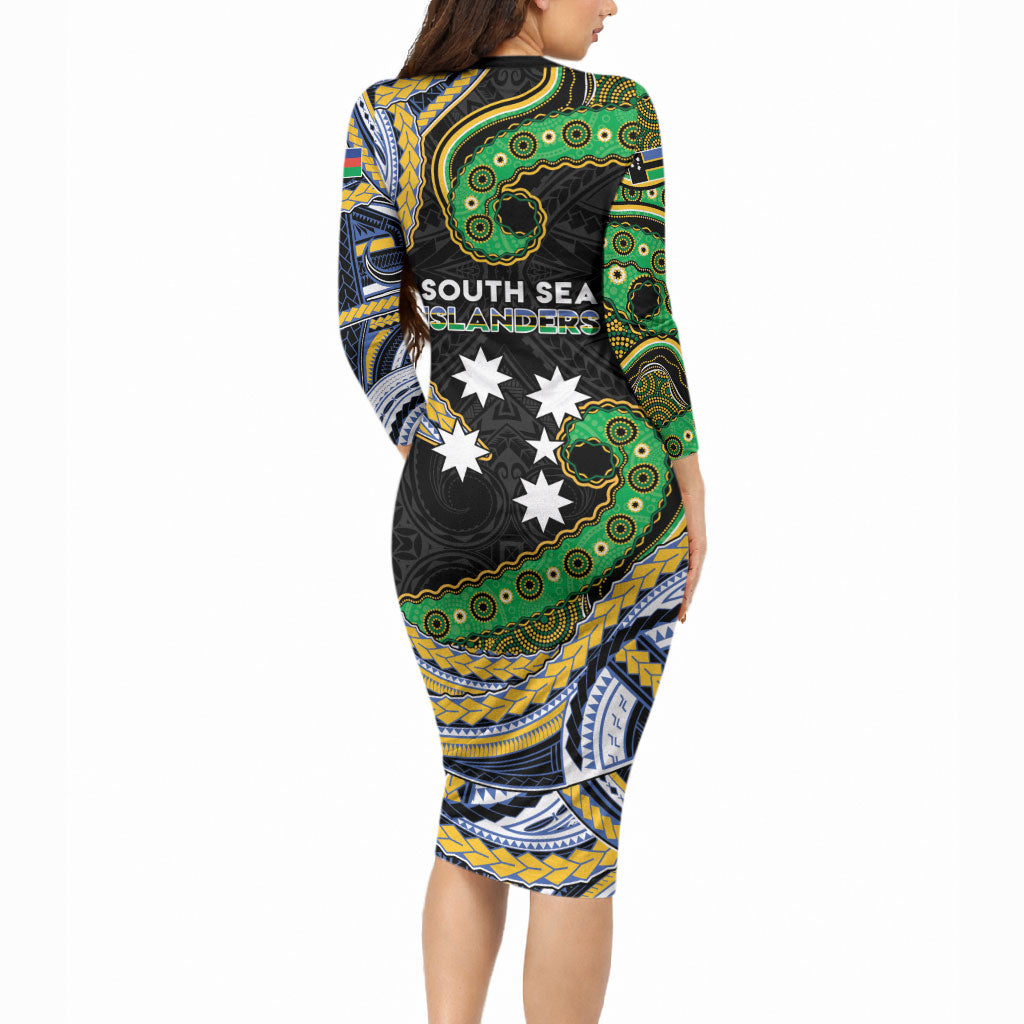 South Sea Islanders And New Caledonia Long Sleeve Bodycon Dress Nautilus Shell Southern Cross Tribal Pattern DT05 - Polynesian Pride