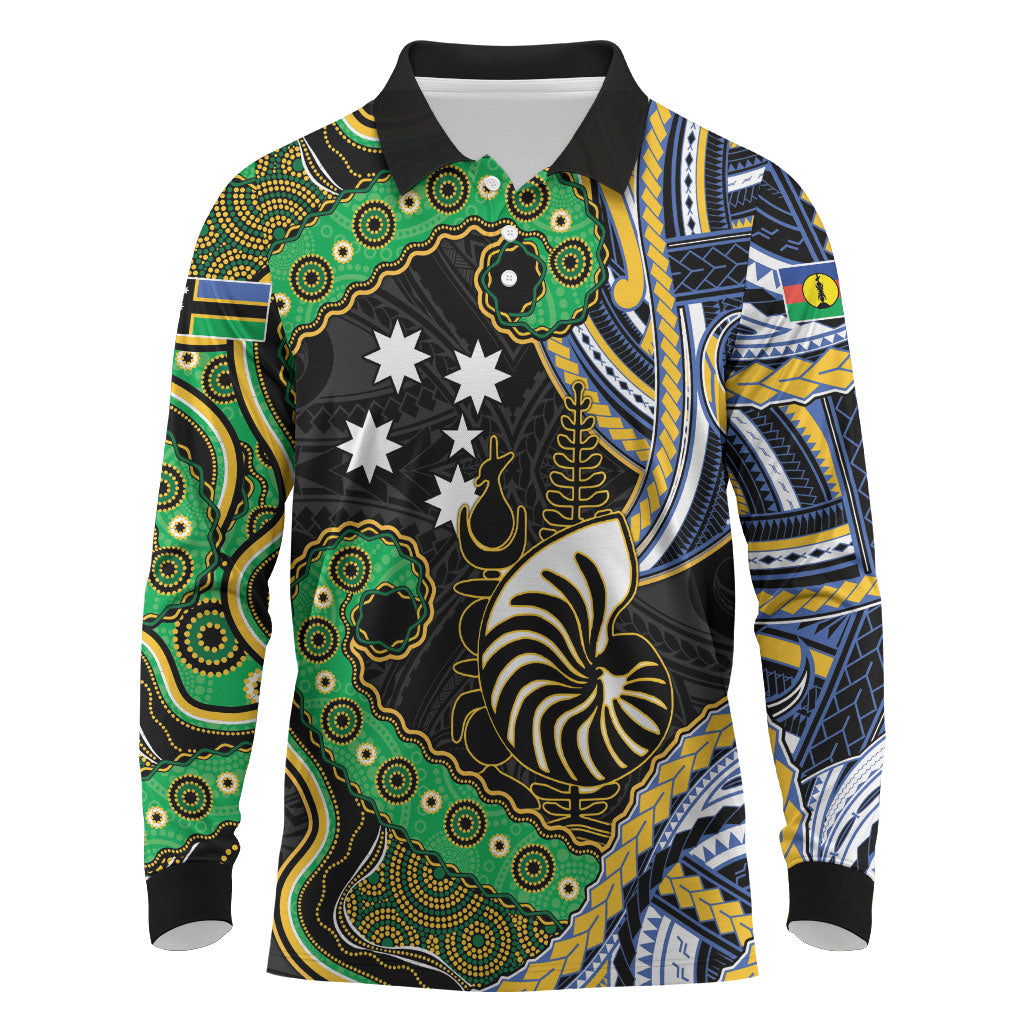 South Sea Islanders And New Caledonia Long Sleeve Polo Shirt Nautilus Shell Southern Cross Tribal Pattern DT05 Black - Polynesian Pride