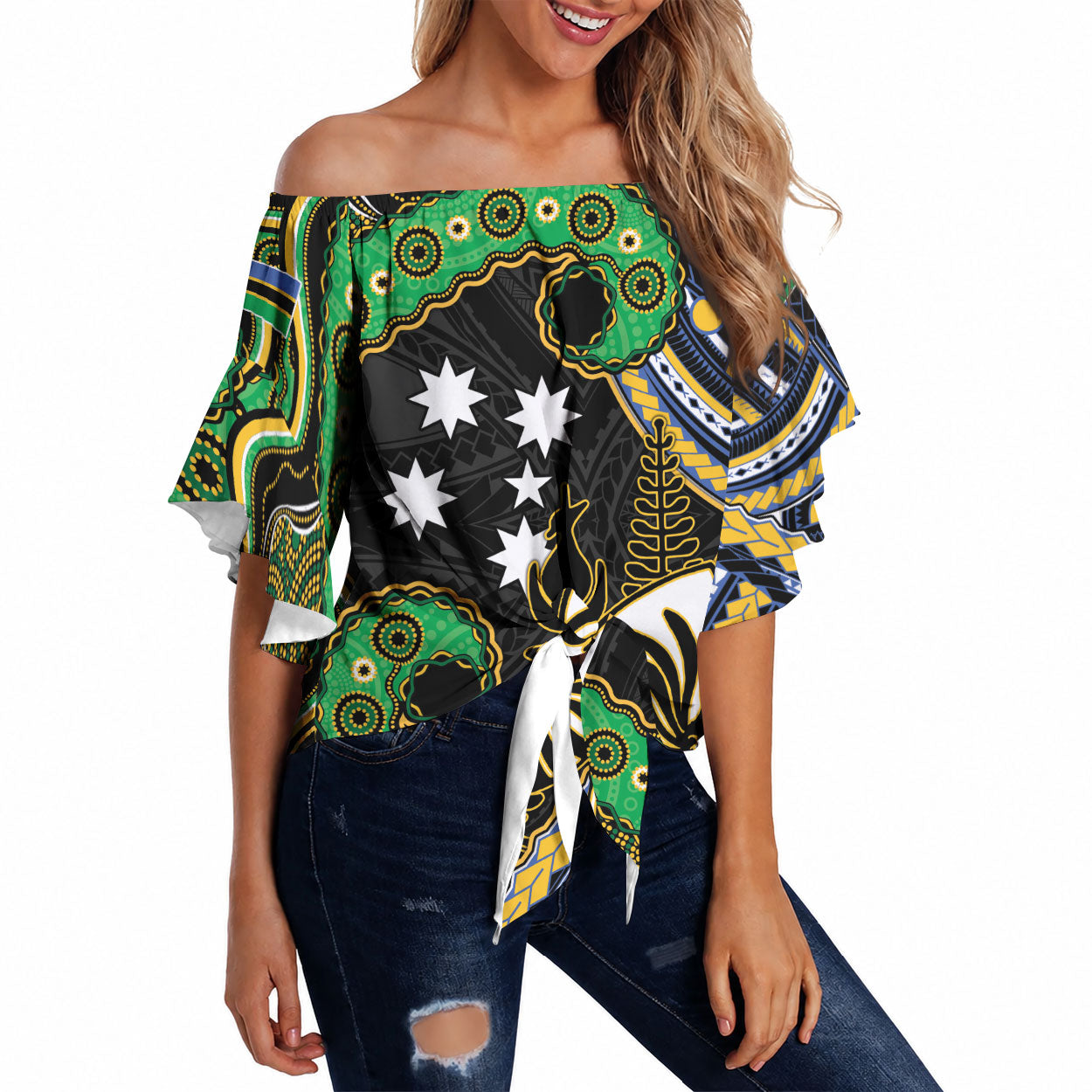 South Sea Islanders And New Caledonia Off Shoulder Wrap Waist Top Nautilus Shell Southern Cross Tribal Pattern DT05 Black - Polynesian Pride