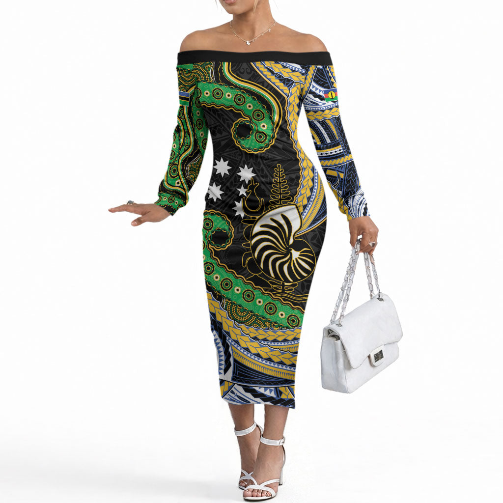 South Sea Islanders And New Caledonia Off The Shoulder Long Sleeve Dress Nautilus Shell Southern Cross Tribal Pattern DT05 Women Black - Polynesian Pride