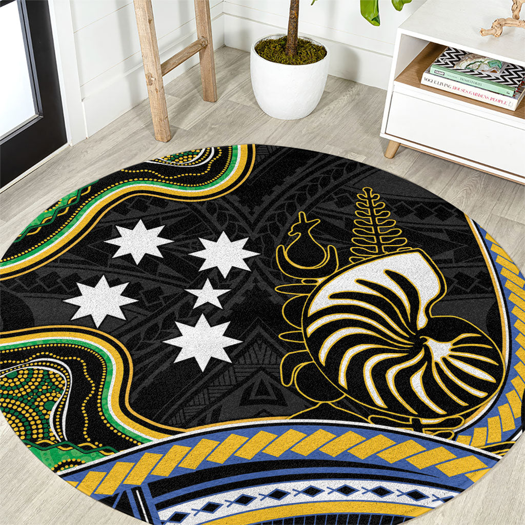 South Sea Islanders And New Caledonia Round Carpet Nautilus Shell Southern Cross Tribal Pattern DT05 Black - Polynesian Pride