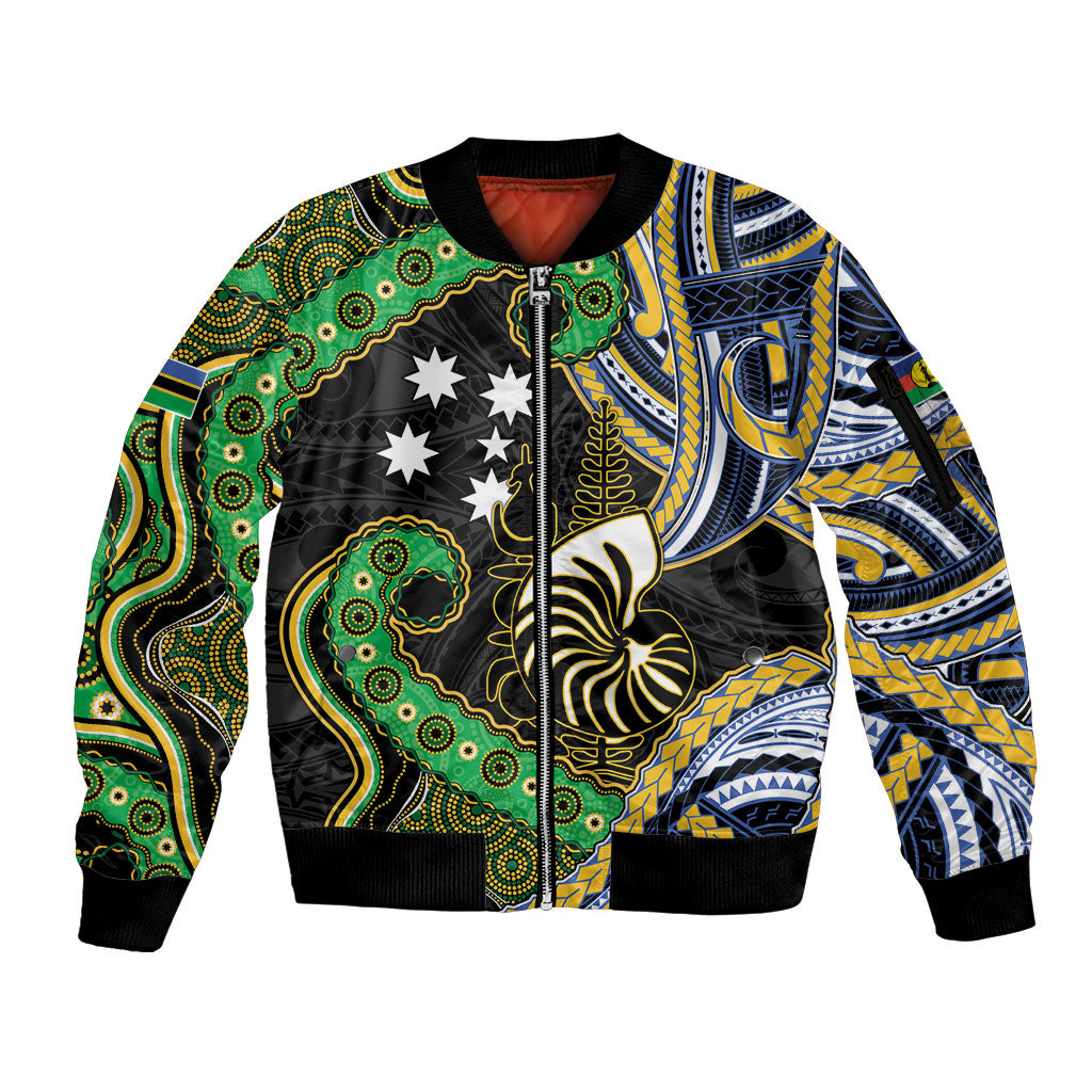 South Sea Islanders And New Caledonia Sleeve Zip Bomber Jacket Nautilus Shell Southern Cross Tribal Pattern DT05 Unisex Black - Polynesian Pride