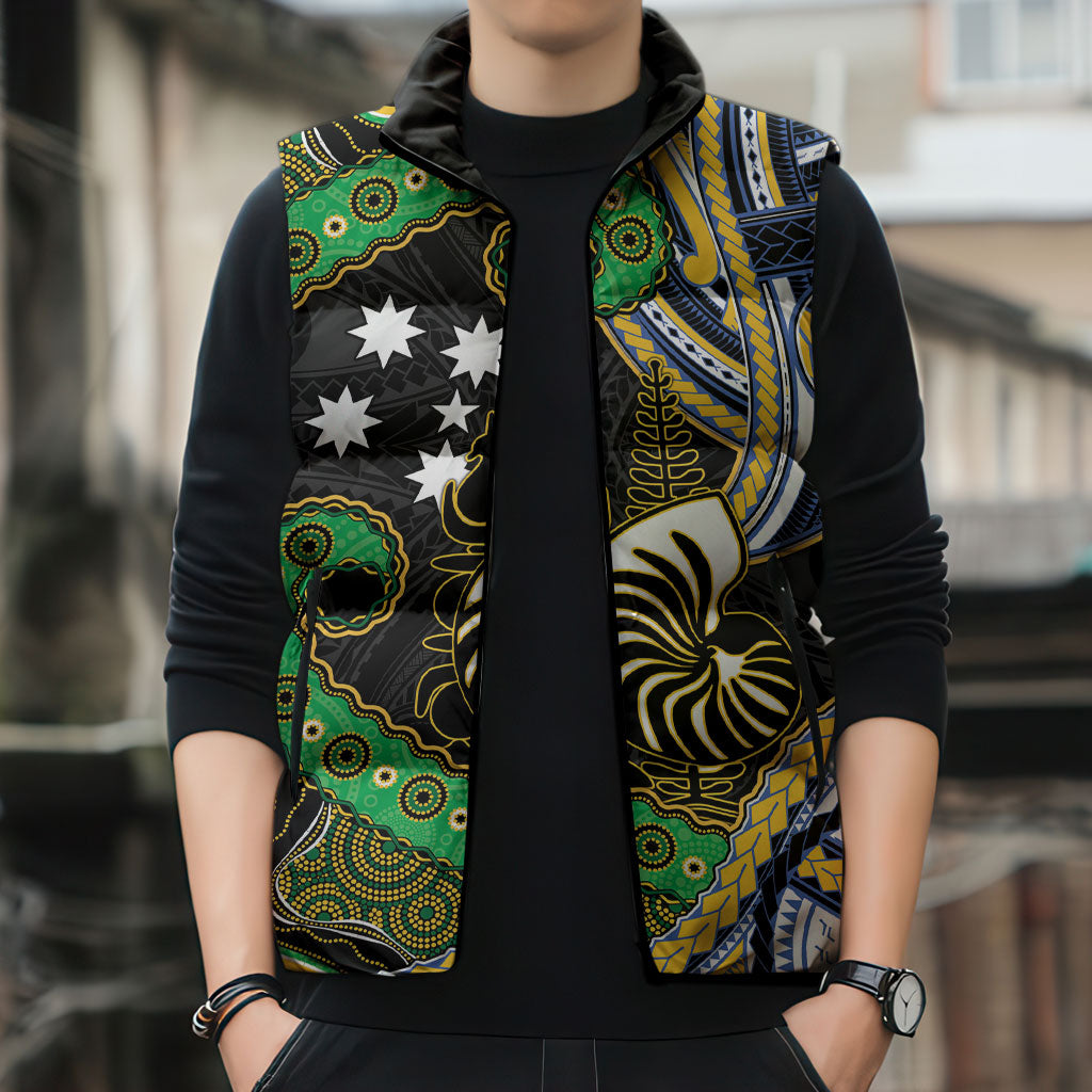 South Sea Islanders And New Caledonia Sleeveless Puffer Jacket Nautilus Shell Southern Cross Tribal Pattern DT05 - Polynesian Pride